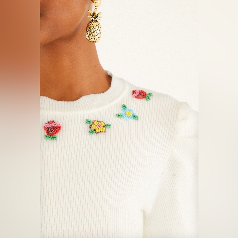 Farm Rio: Off-White Flower Embroidery Knit Top - Picture 7 of 11